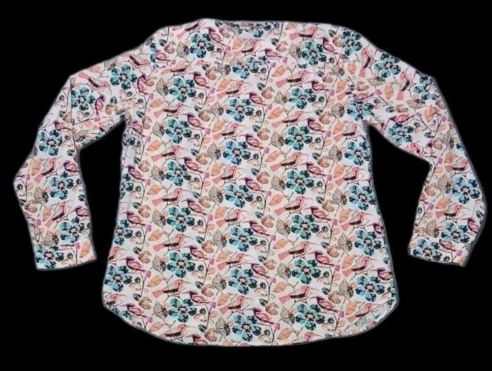 Talbots Long Roll Tab Sleeve Button Up M Floral Bird Print Artsy Career Casual - Picture 12 of 12